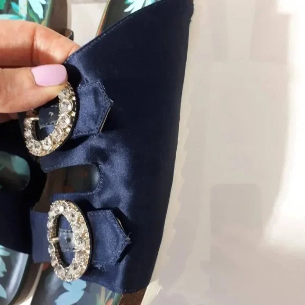 Nine West navy Satin slides with diamanté buckle, "I'll Wait" slide EUC - Picture 6 of 6